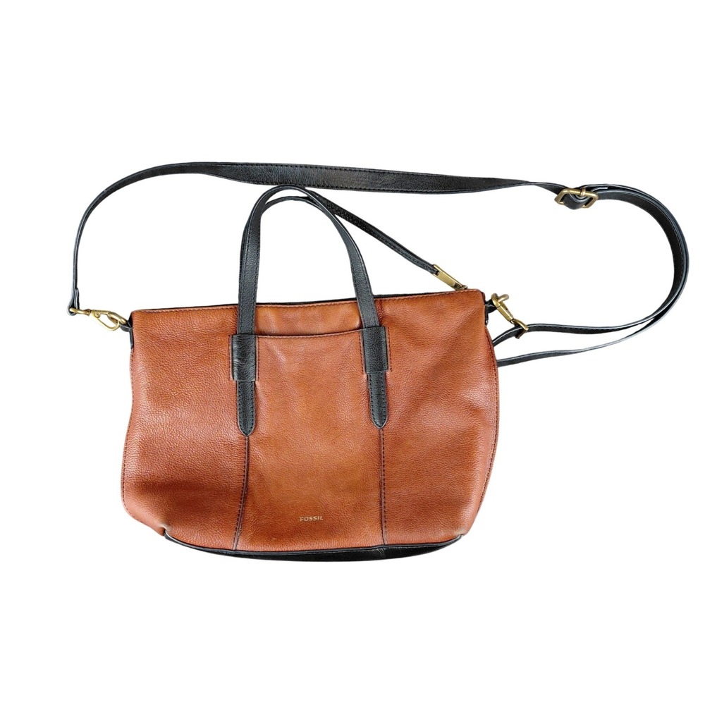 Fossil Leather Satchel Handbag Brown Black Shoulder‎ Crossbody Bag